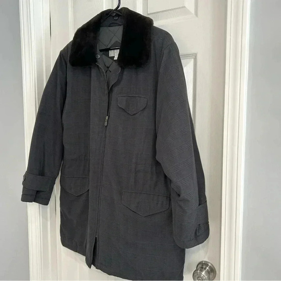 VTG 90s Jones New York Coat Size M Zip Cut Faux Fur Collar Waist Cinch Pockets - Picture 5 of 17